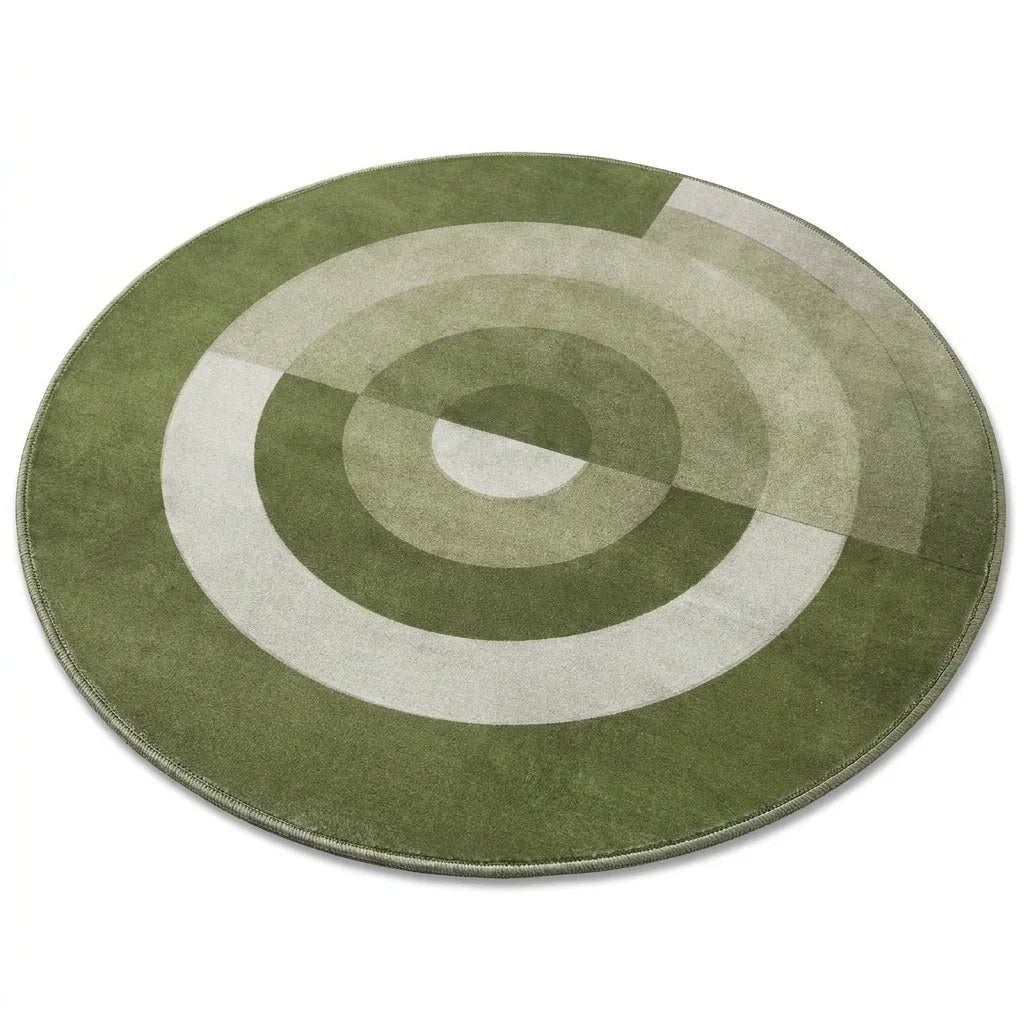 Vue studio du tapis rond salon cercles concentriques vert sauge, fond blanc, épaisseur visible