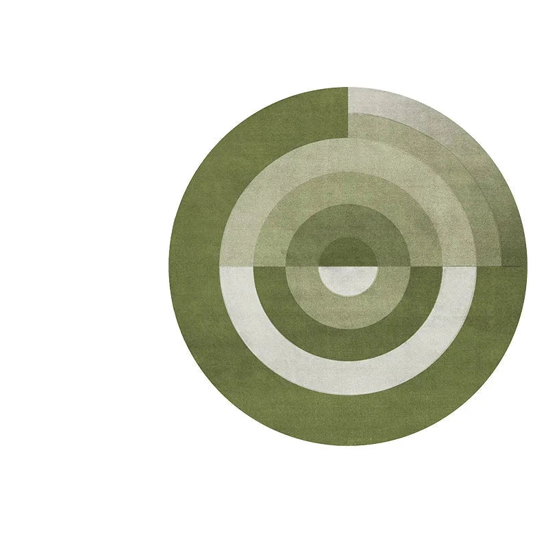 Photo originale du tapis rond salon cercles concentriques vert sauge, vue top-down studio