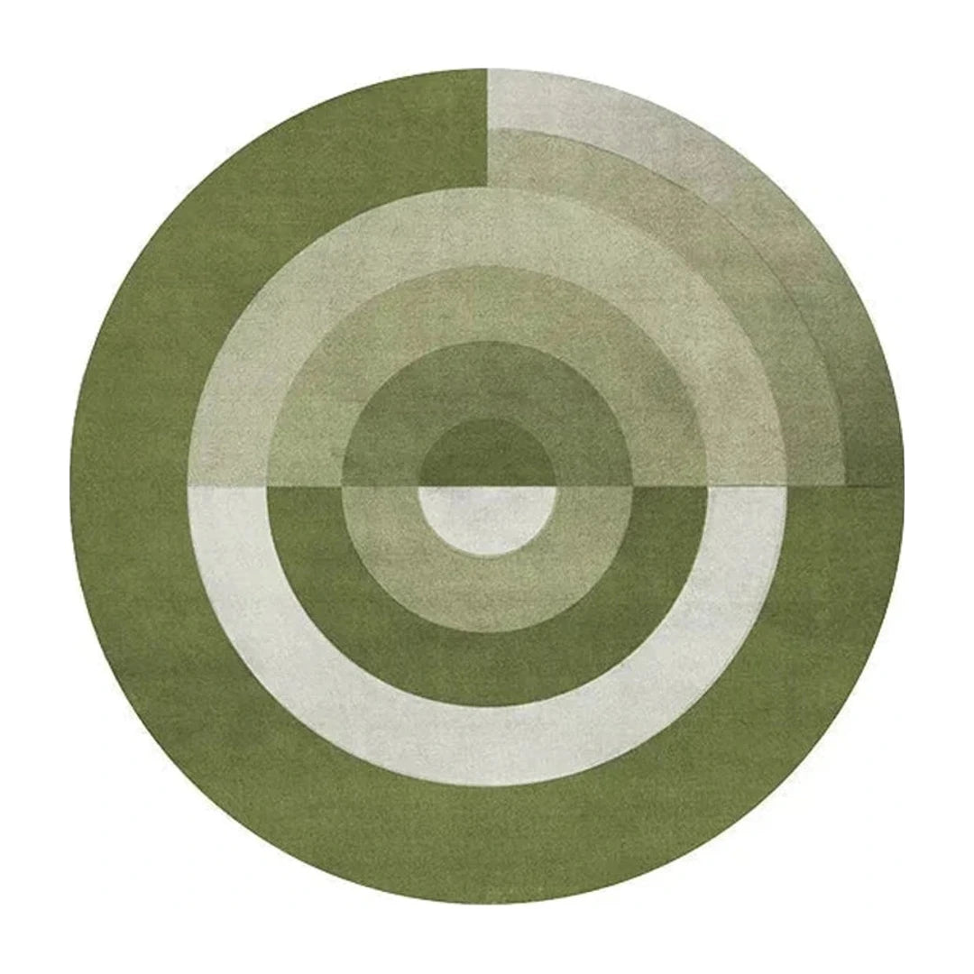Tapis rond salon cercles concentriques vert sauge, vue de dessus sur fond blanc
