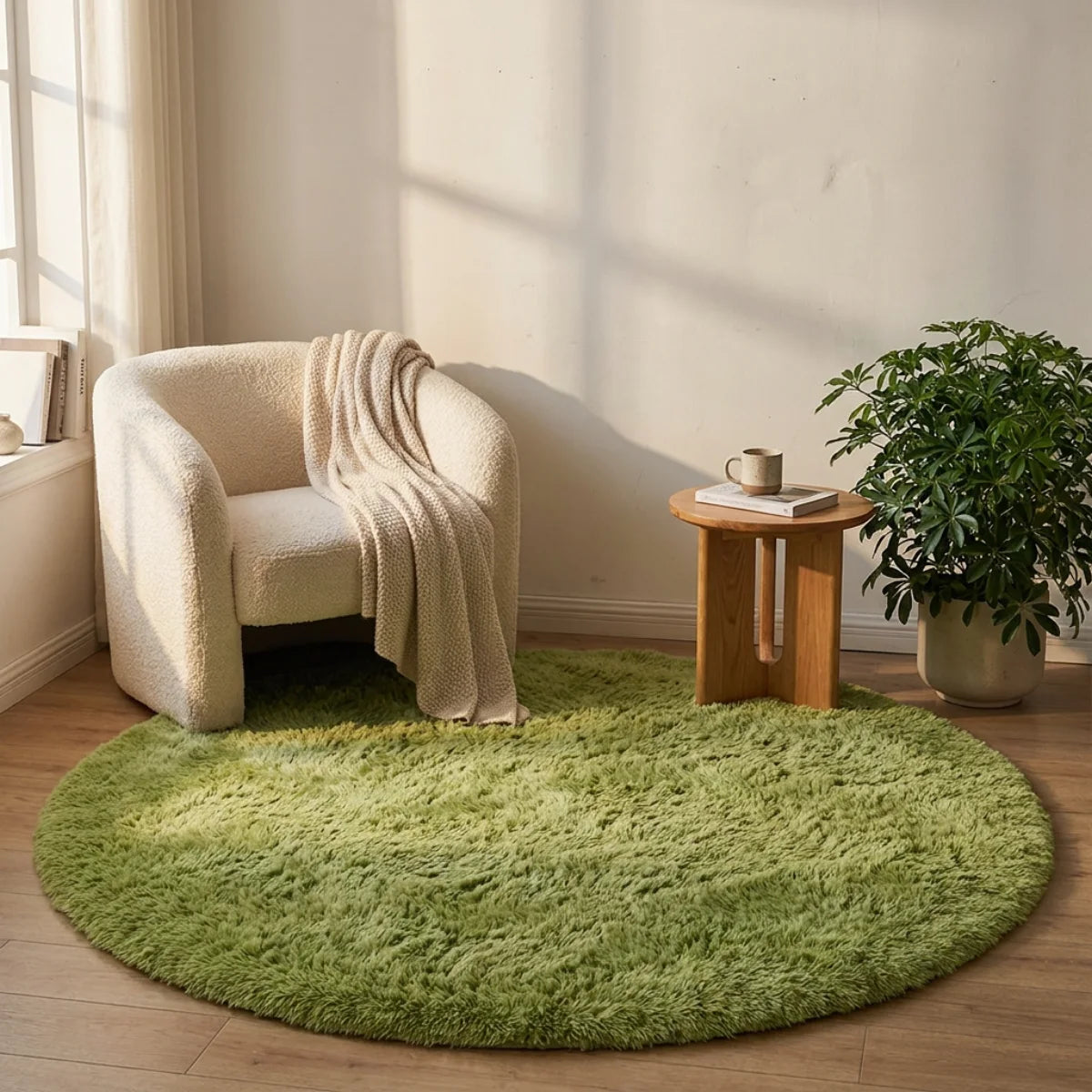 Tapis rond vert poil long posé dans un salon