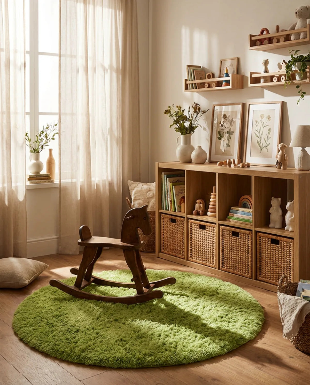 Tapis rond vert poil long dans une chambre d'enfant, cheval à bascule posé dessus