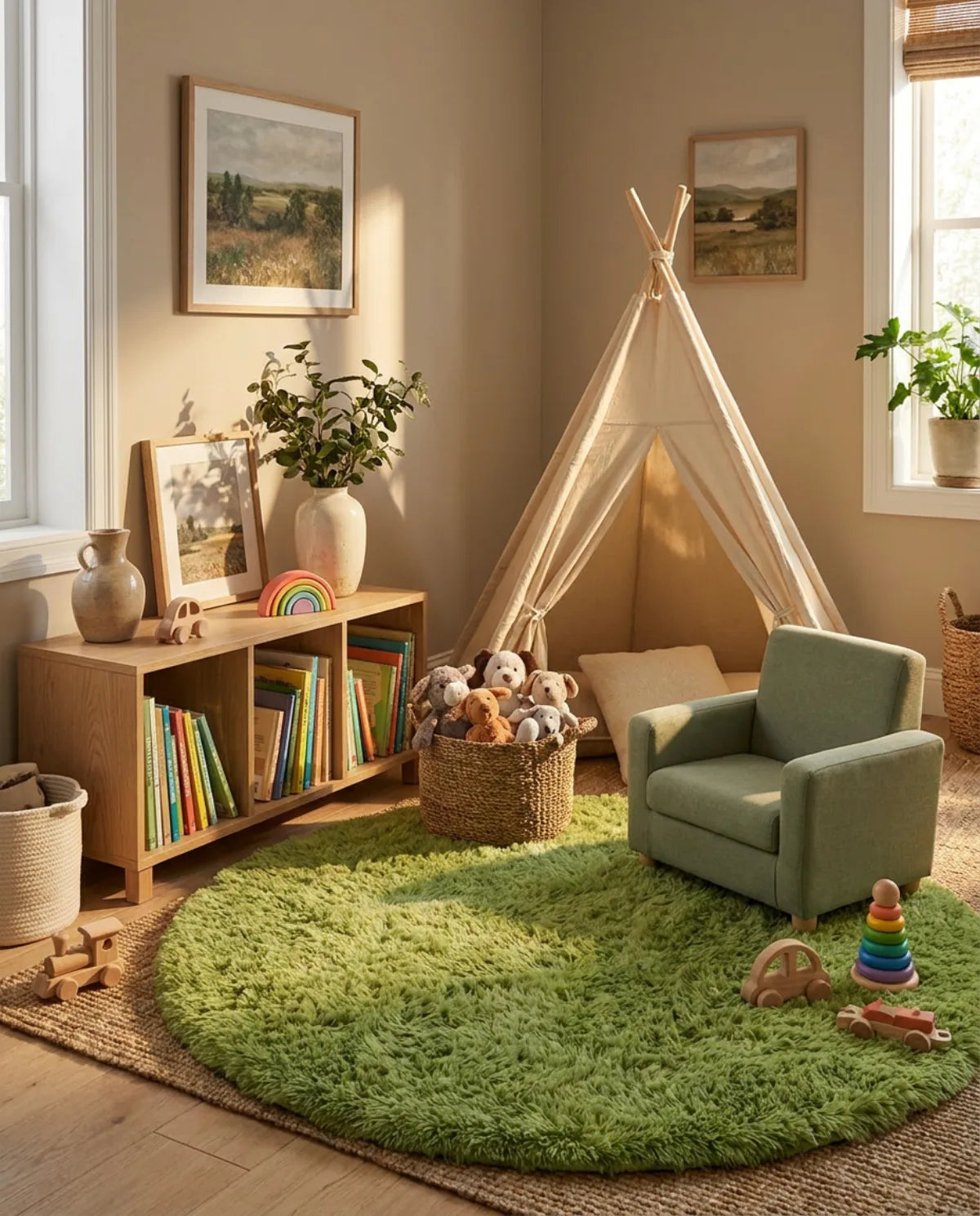 Tapis rond vert poil long dans un coin lecture avec tipi et fauteuil enfant