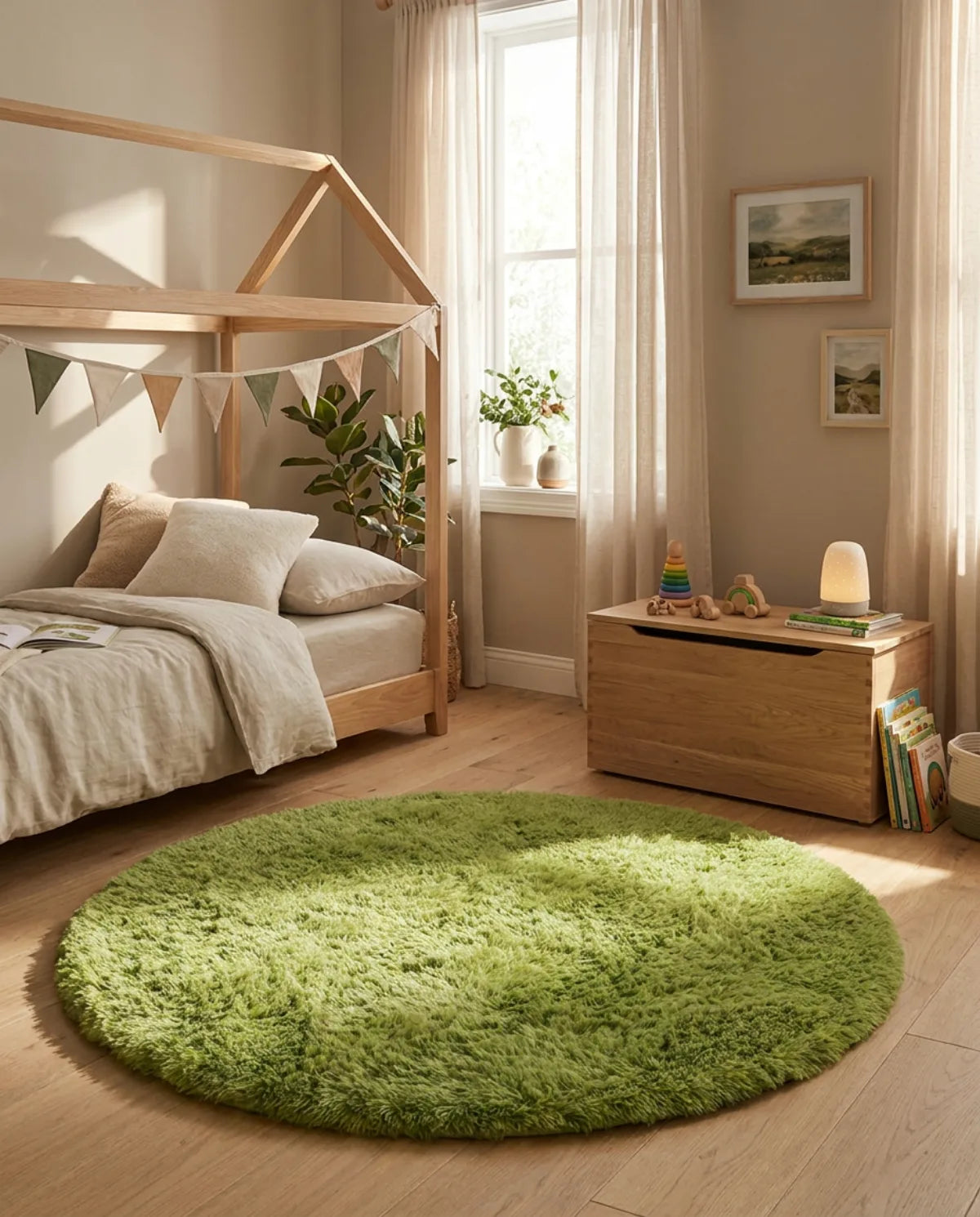 Tapis rond vert poil long au pied d'un lit cabane, coffre à jouets posé dessus