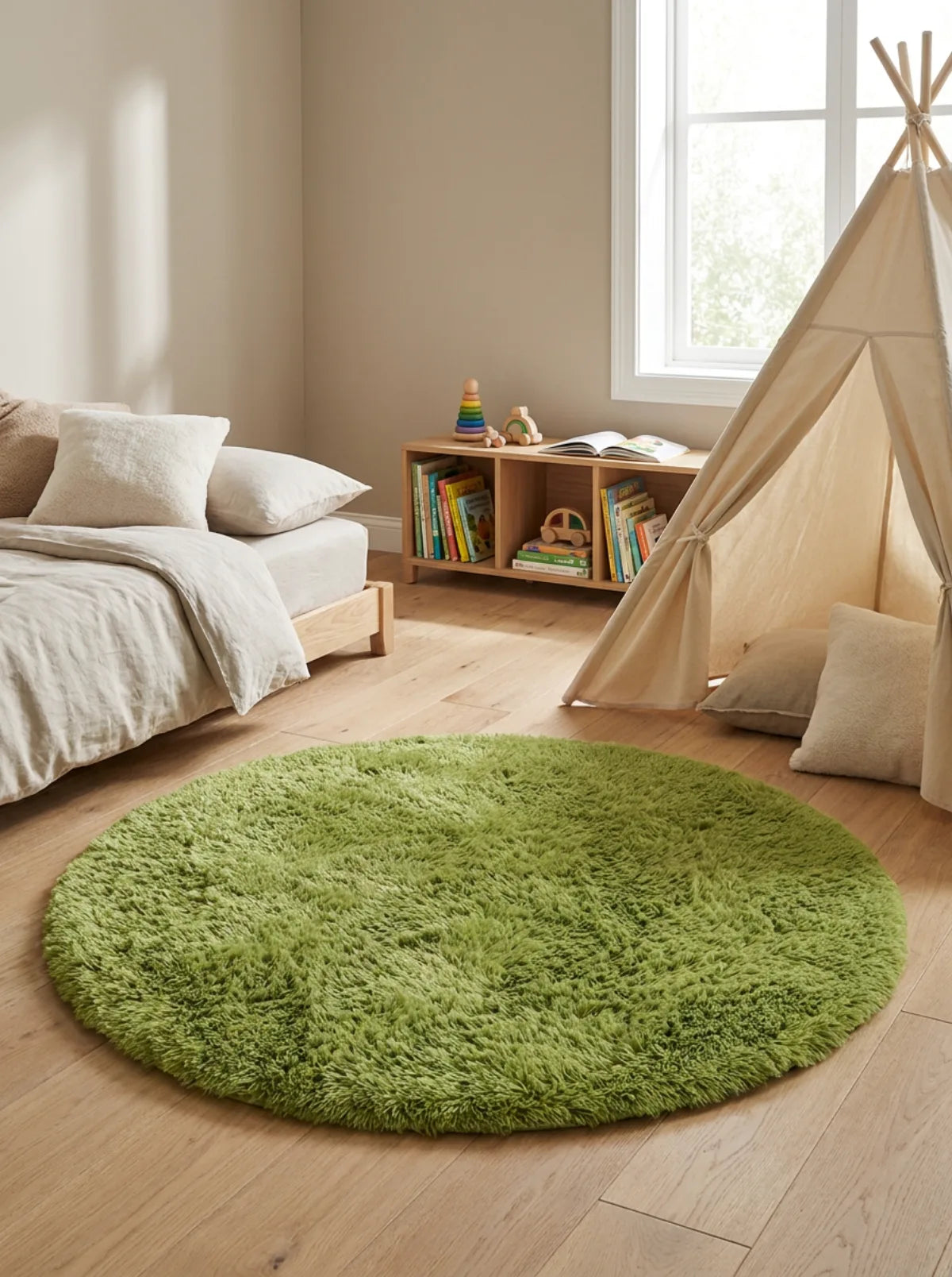 Tapis rond vert poil long dans une chambre d'enfant