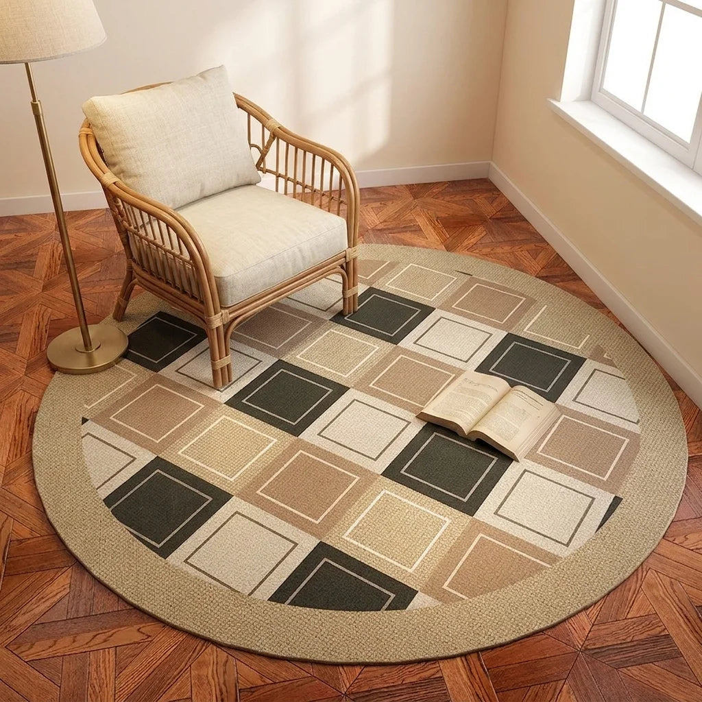 Tapis rond Wilton mid-century damier carrés brun et noir vu en perspective cavalière, coin lecture fauteuil rotin