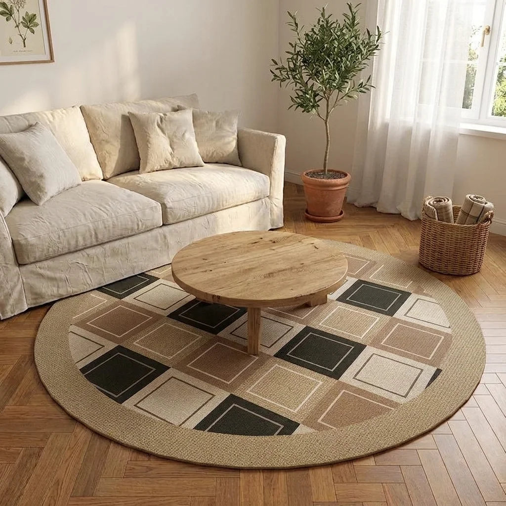 Tapis rond Wilton mid-century damier carrés brun et noir dans un salon adulte slow-living, vue trois-quarts