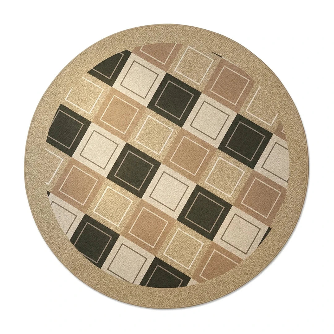 Tapis rond Wilton mid-century damier carrés brun et noir, vue de dessus sur fond blanc