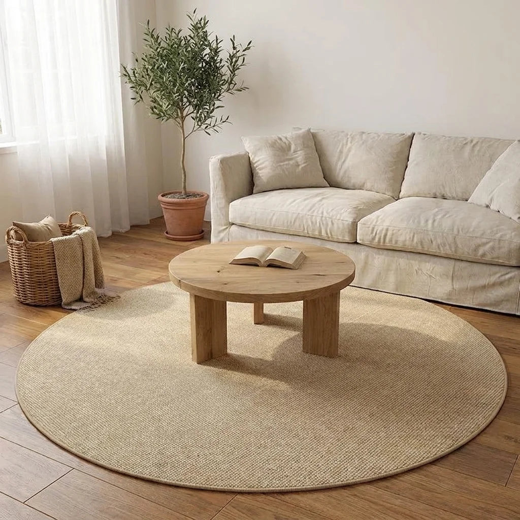 Tapis rond Wilton effet sisal beige clair dans un salon adulte