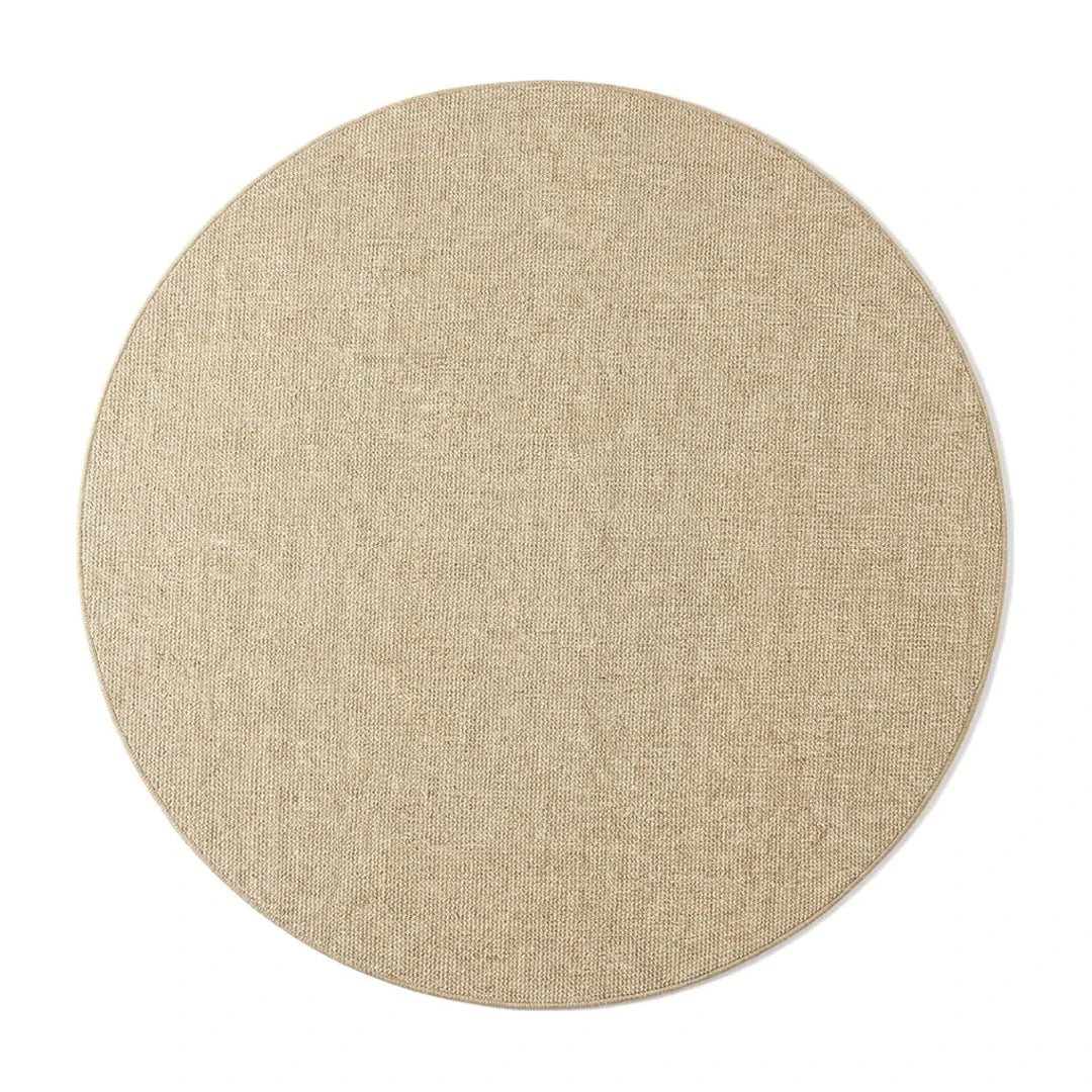 Tapis rond Wilton effet sisal beige clair, vue de dessus sur fond blanc