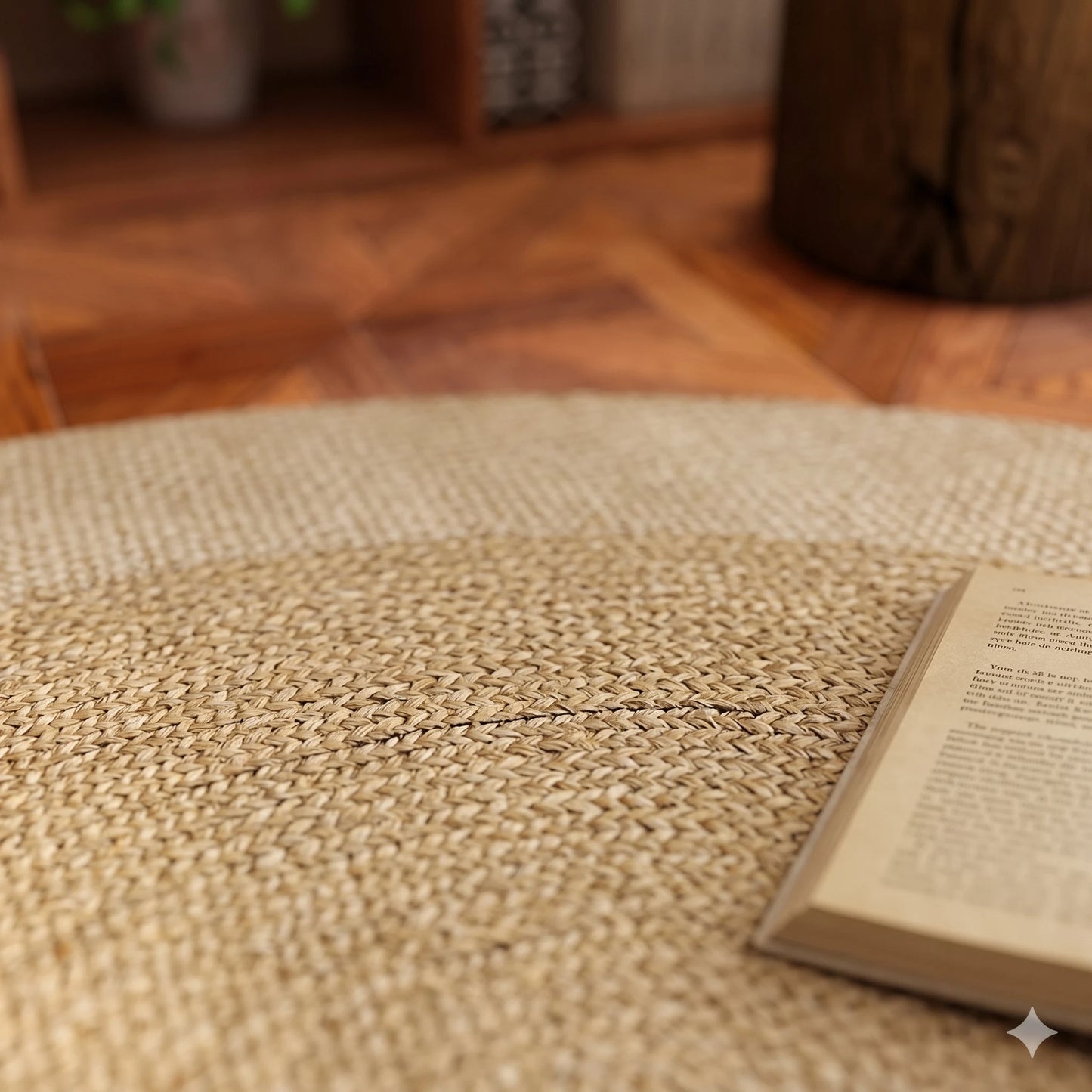Tapis rond Wilton effet sisal beige sur parquet à chevrons, coin lecture avec livre ouvert, bordure tressée plus claire