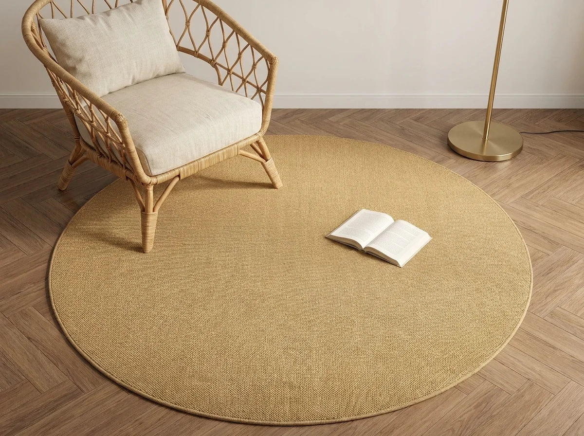 Tapis rond Wilton mid-century effet sisal beige doré vu en perspective cavalière, coin lecture fauteuil rotin