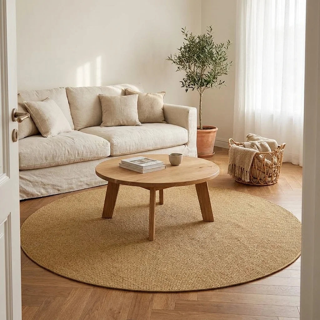 Tapis rond Wilton mid-century effet sisal beige doré dans un salon adulte slow-living, vue trois-quarts