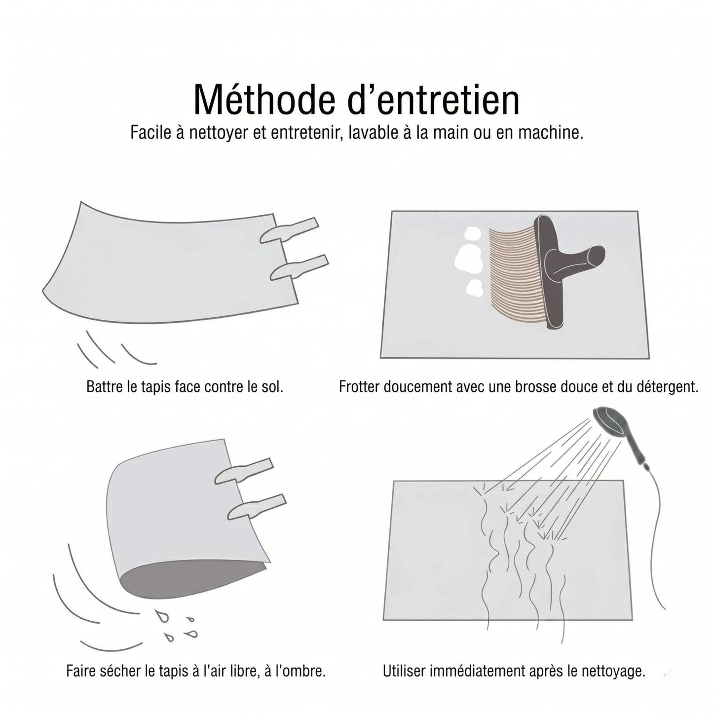 Guide d'entretien illustré : battre face contre sol, brosse + détergent, séchage à l'ombre