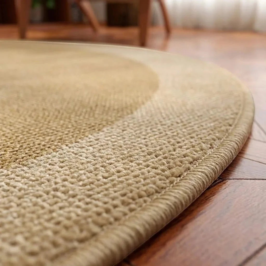 Tapis rond Wilton effet sisal beige : gros plan sur la bordure tressée plus claire et l'épaisseur du tissage polyester