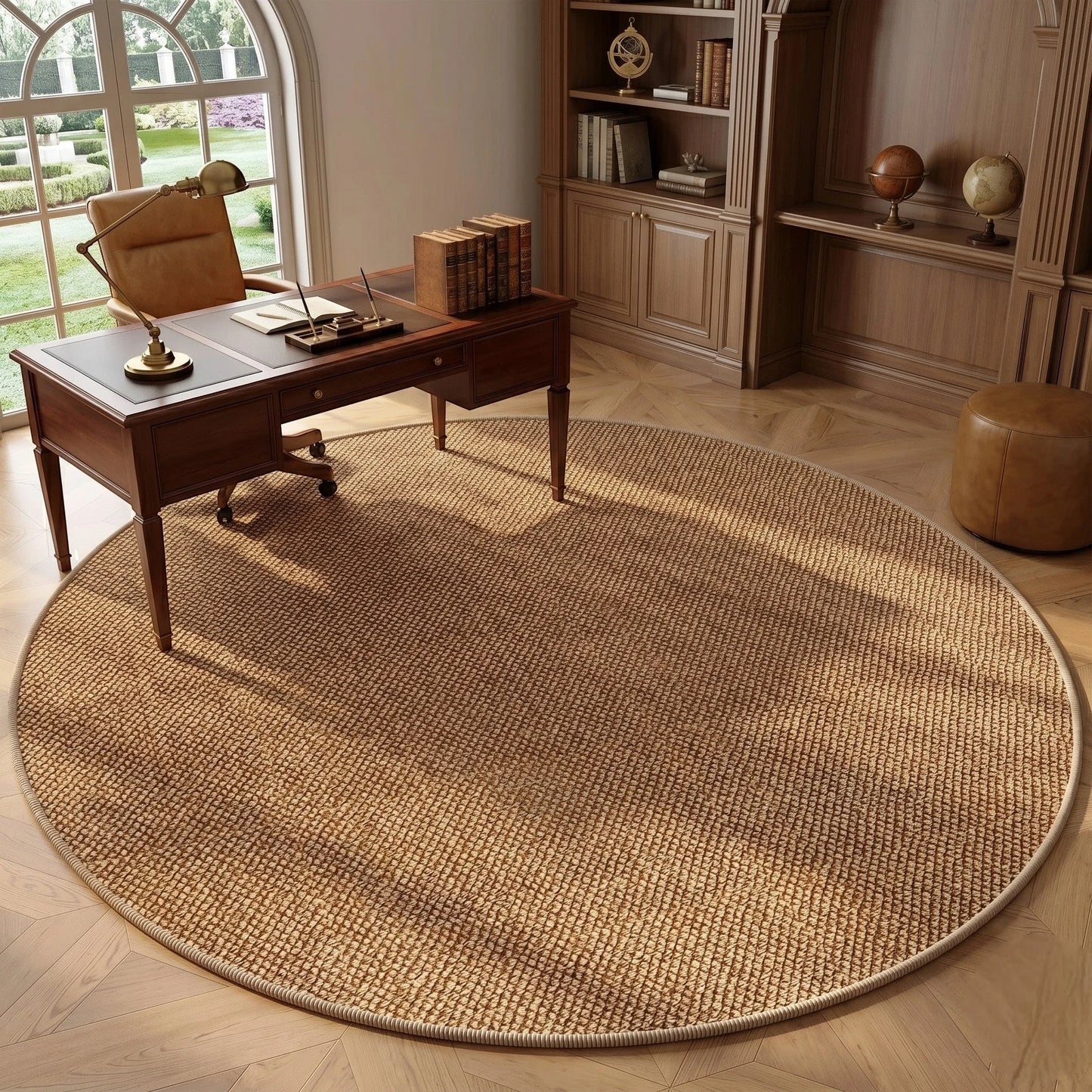 Tapis rond Wilton effet sisal caramel sous un bureau en bois classique avec parquet point de Hongrie
