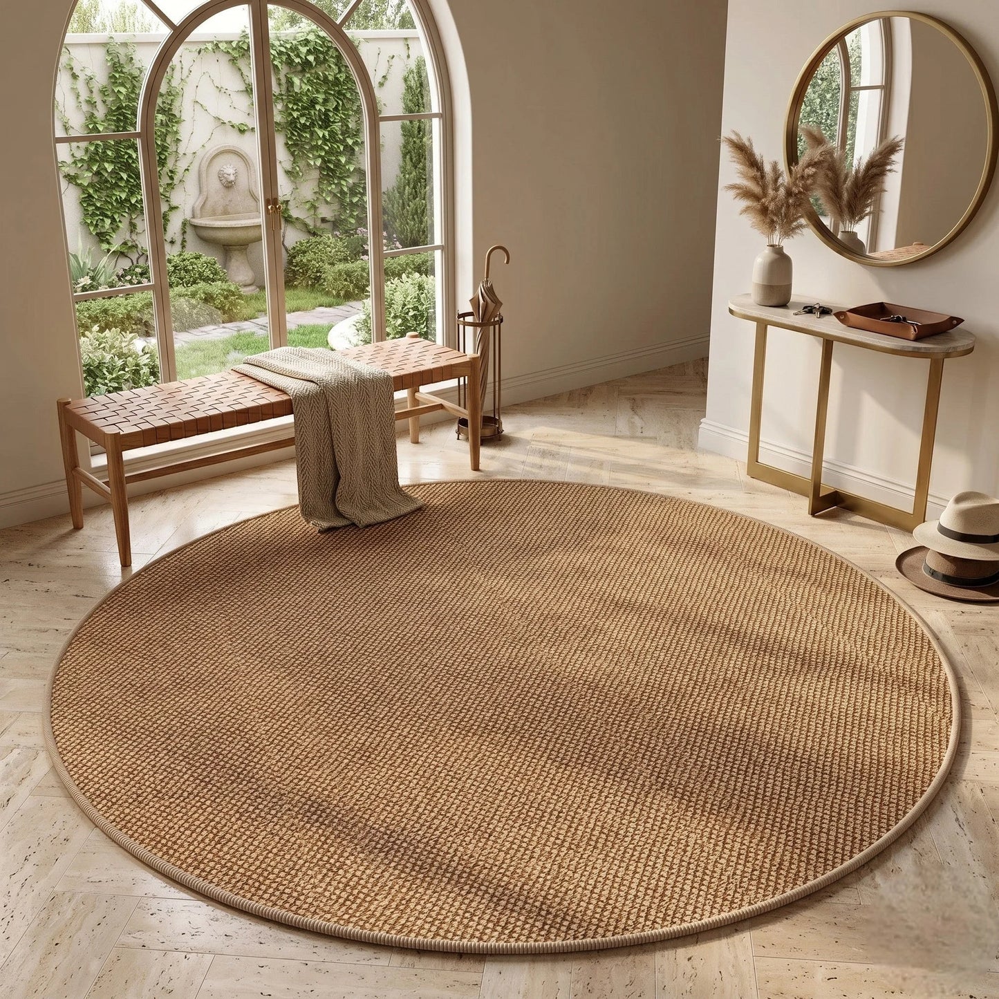 Tapis rond Wilton effet sisal caramel dans une entrée avec banquette tressée et miroir rond doré