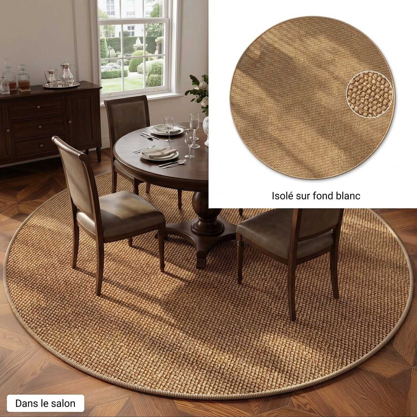 Tapis rond Wilton effet sisal caramel sous une table à manger ronde, vue salon avec close-up de la texture