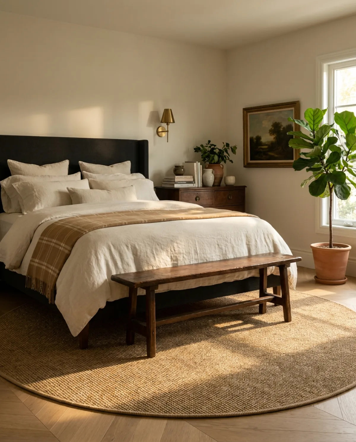 Tapis rond Wilton effet sisal caramel dépassant sous le lit, banc en bois posé dessus