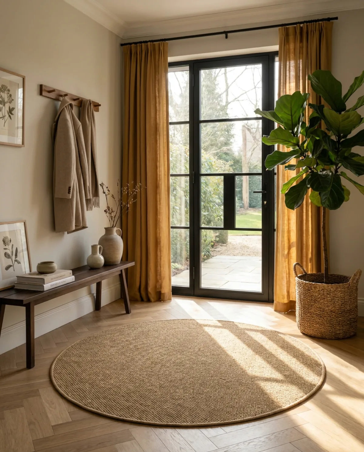 Tapis rond Wilton effet sisal caramel dans une entrée au soleil, devant une porte vitrée