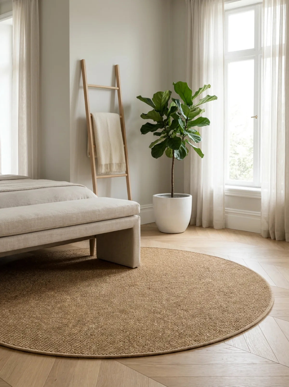 Tapis rond Wilton effet sisal caramel dans une chambre lumineuse