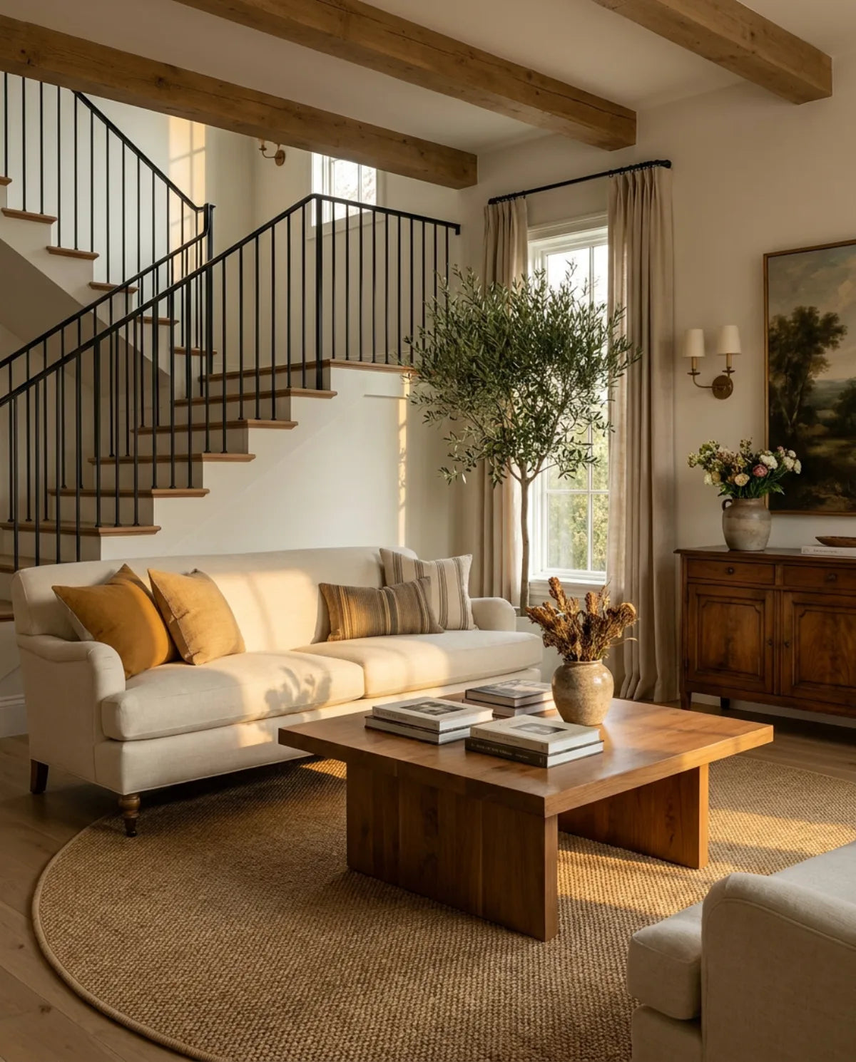 Tapis rond Wilton effet sisal caramel sous une table basse en bois, dans un grand salon avec escalier
