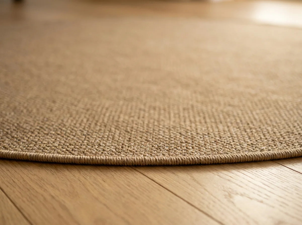 Tranche du tapis rond Wilton effet sisal caramel montrant l'épaisseur du tissage