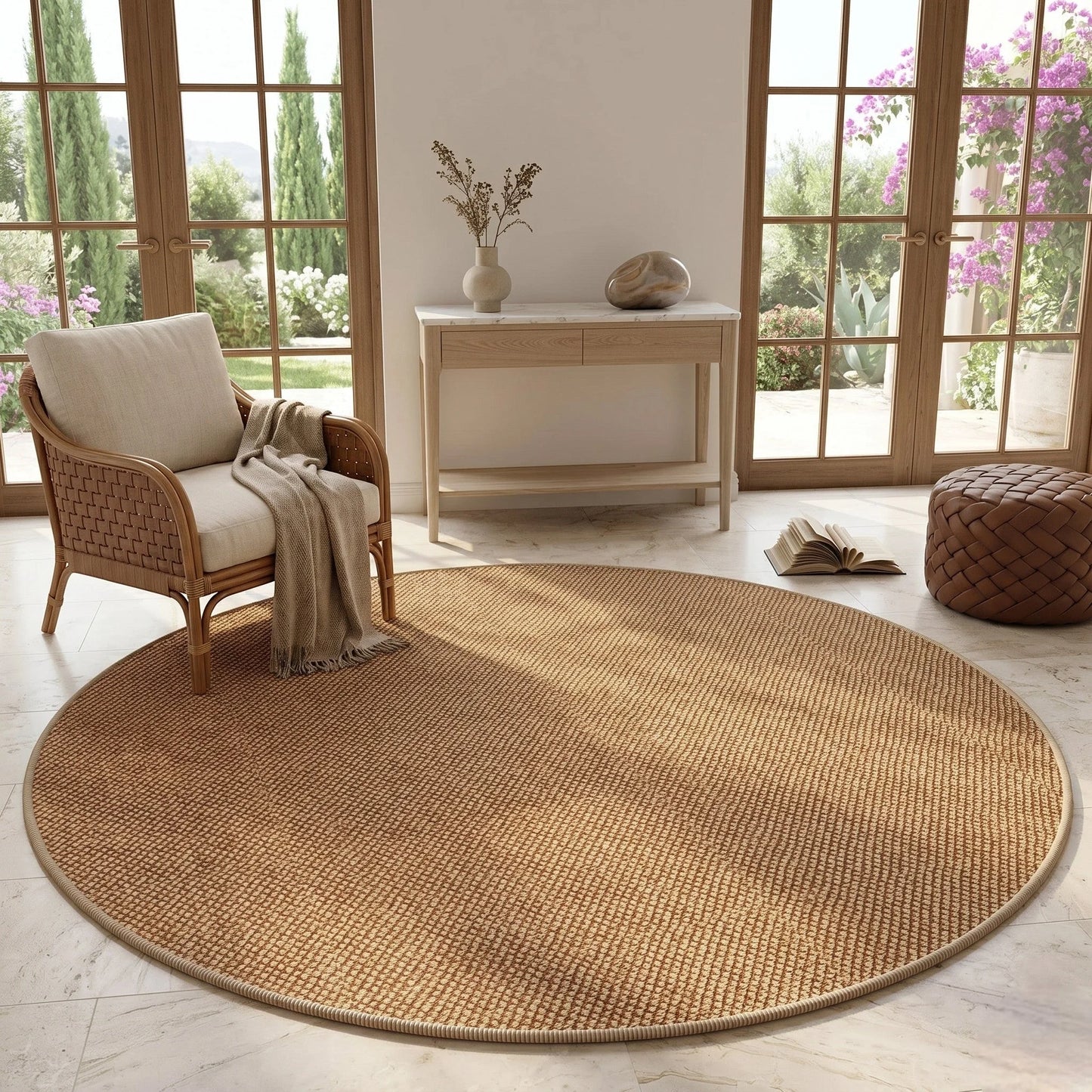 Tapis rond Wilton effet sisal caramel dans une véranda lumineuse avec fauteuil en rotin