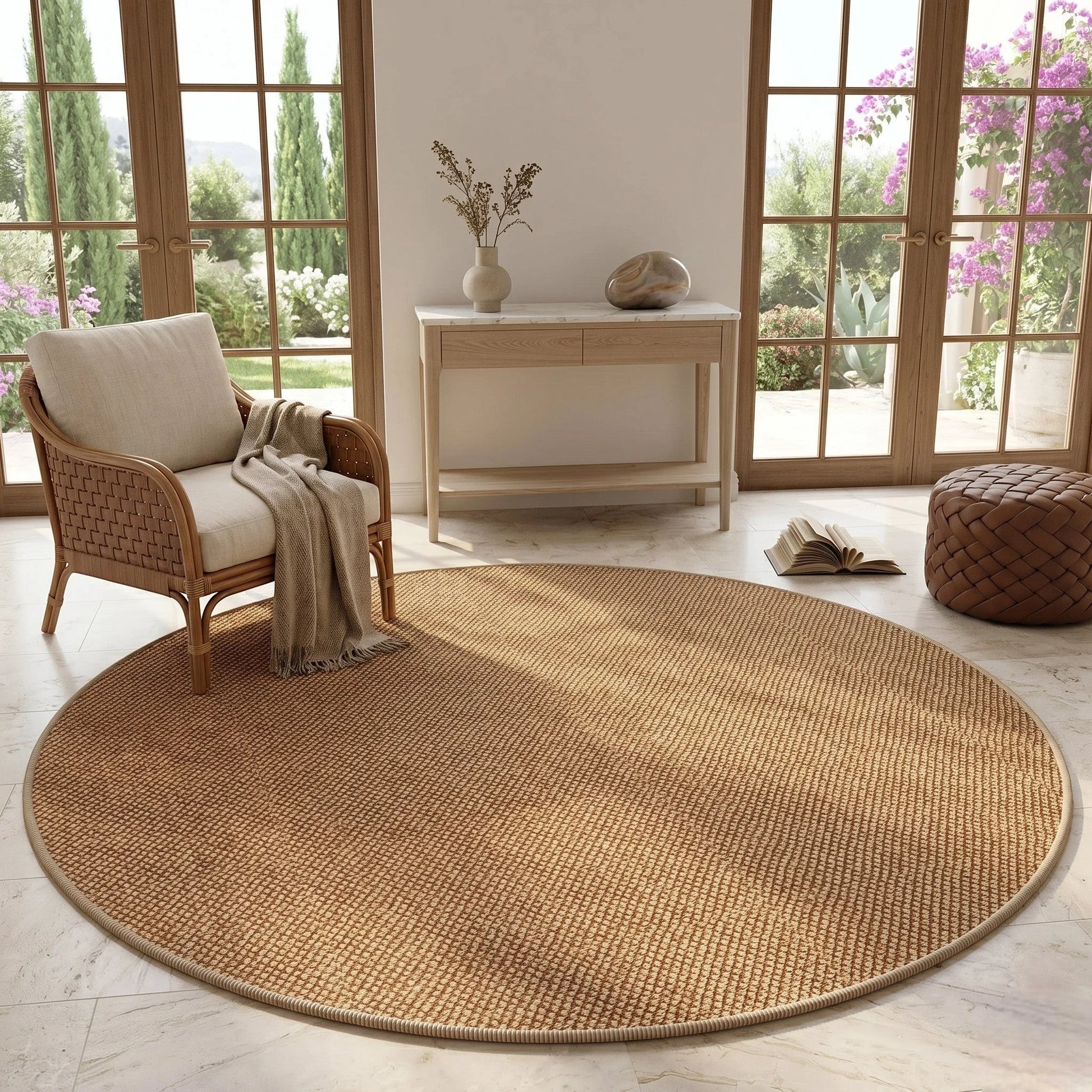 Tapis rond Wilton effet sisal caramel dans une véranda lumineuse avec fauteuil en rotin