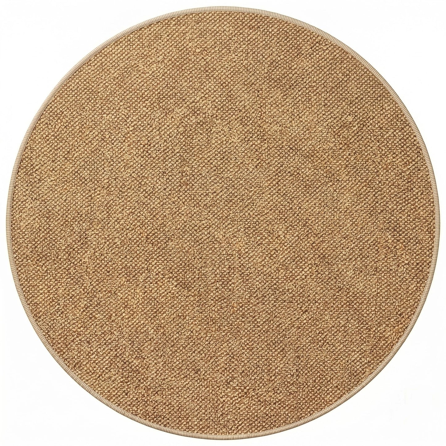 Vue studio du tapis rond Wilton effet sisal caramel, tissage texturé granuleux uniforme
