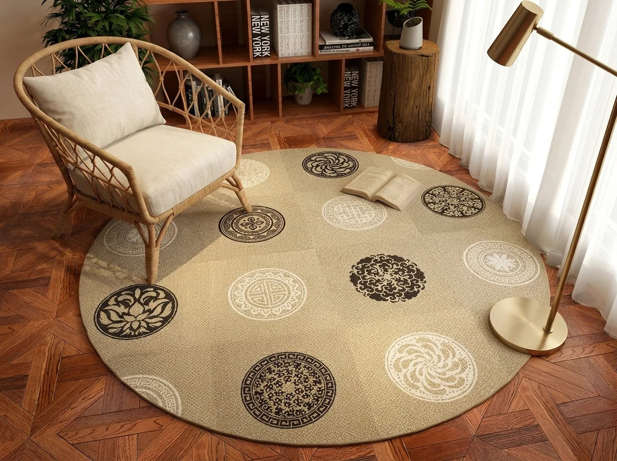 Tapis rond Wilton mid-century médaillons noir et beige vu en perspective cavalière, coin lecture fauteuil rotin