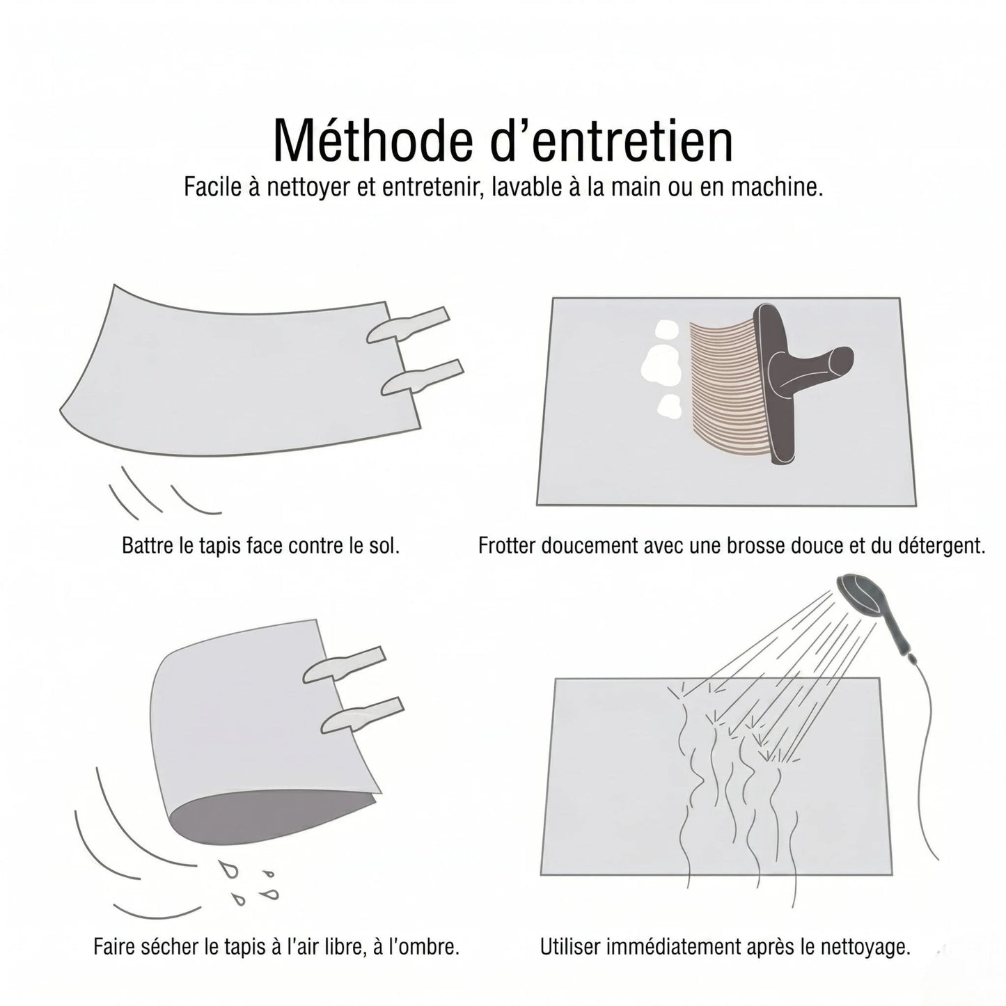 Guide d'entretien illustré : battre face contre sol, brosse + détergent, séchage à l'ombre