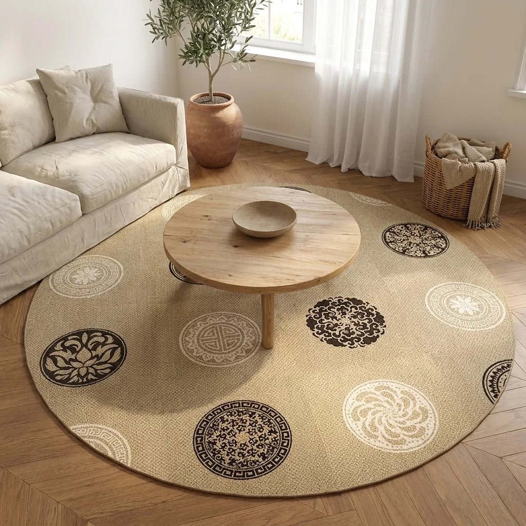 Tapis rond Wilton mid-century médaillons noir et beige dans un salon adulte slow-living, vue trois-quarts