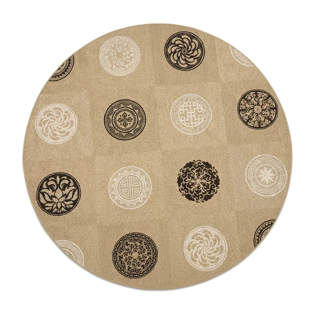 Tapis rond Wilton mid-century médaillons noir et beige, vue de dessus sur fond blanc