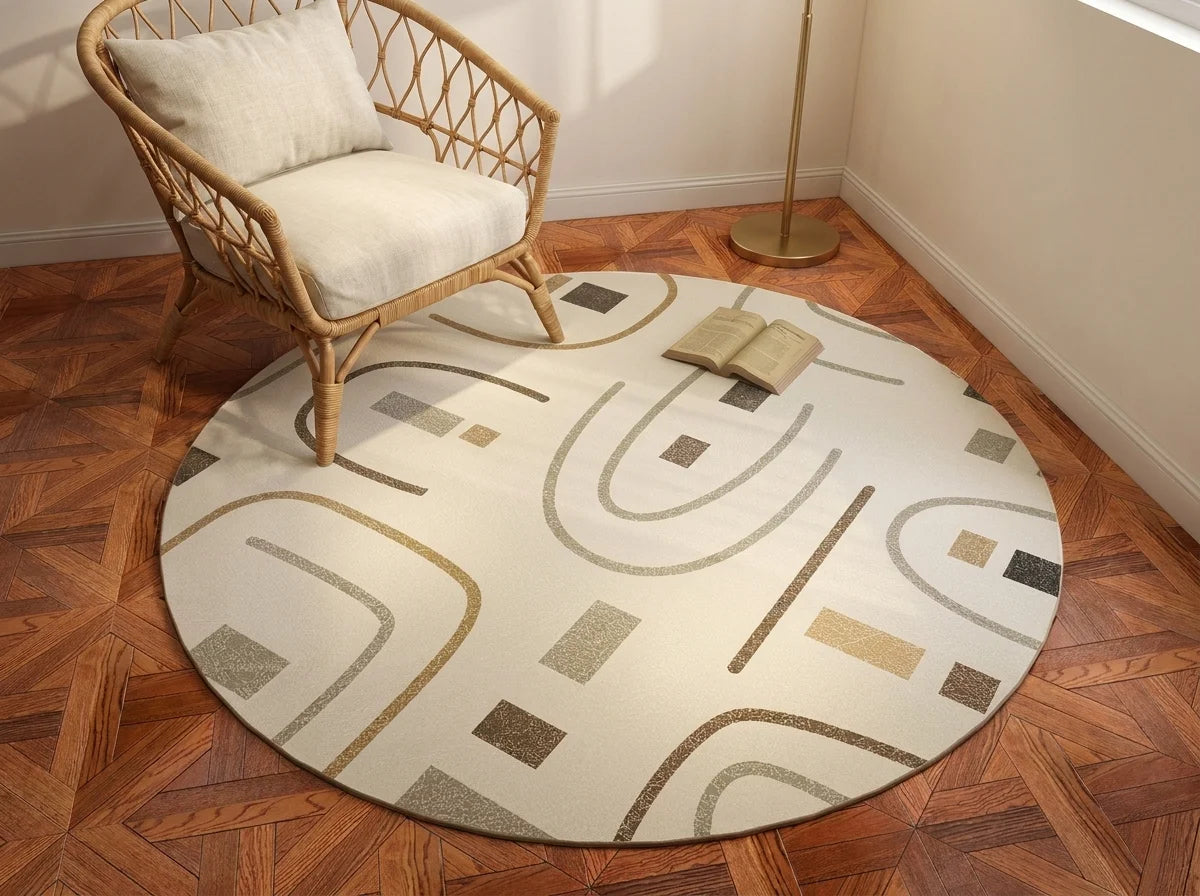 Tapis rond Wilton mid-century beige et brun vu en perspective cavalière, coin lecture fauteuil rotin