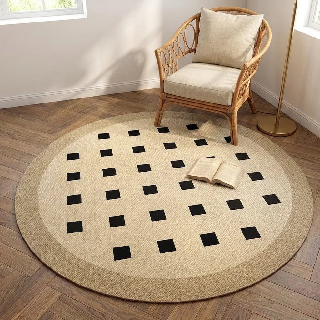 Tapis rond Wilton mid-century motif carrés noirs vu en perspective cavalière, coin lecture fauteuil rotin