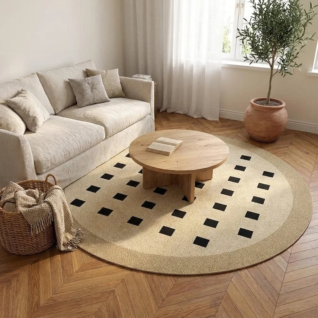 Tapis rond Wilton mid-century motif carrés noirs dans un salon adulte slow-living, vue trois-quarts