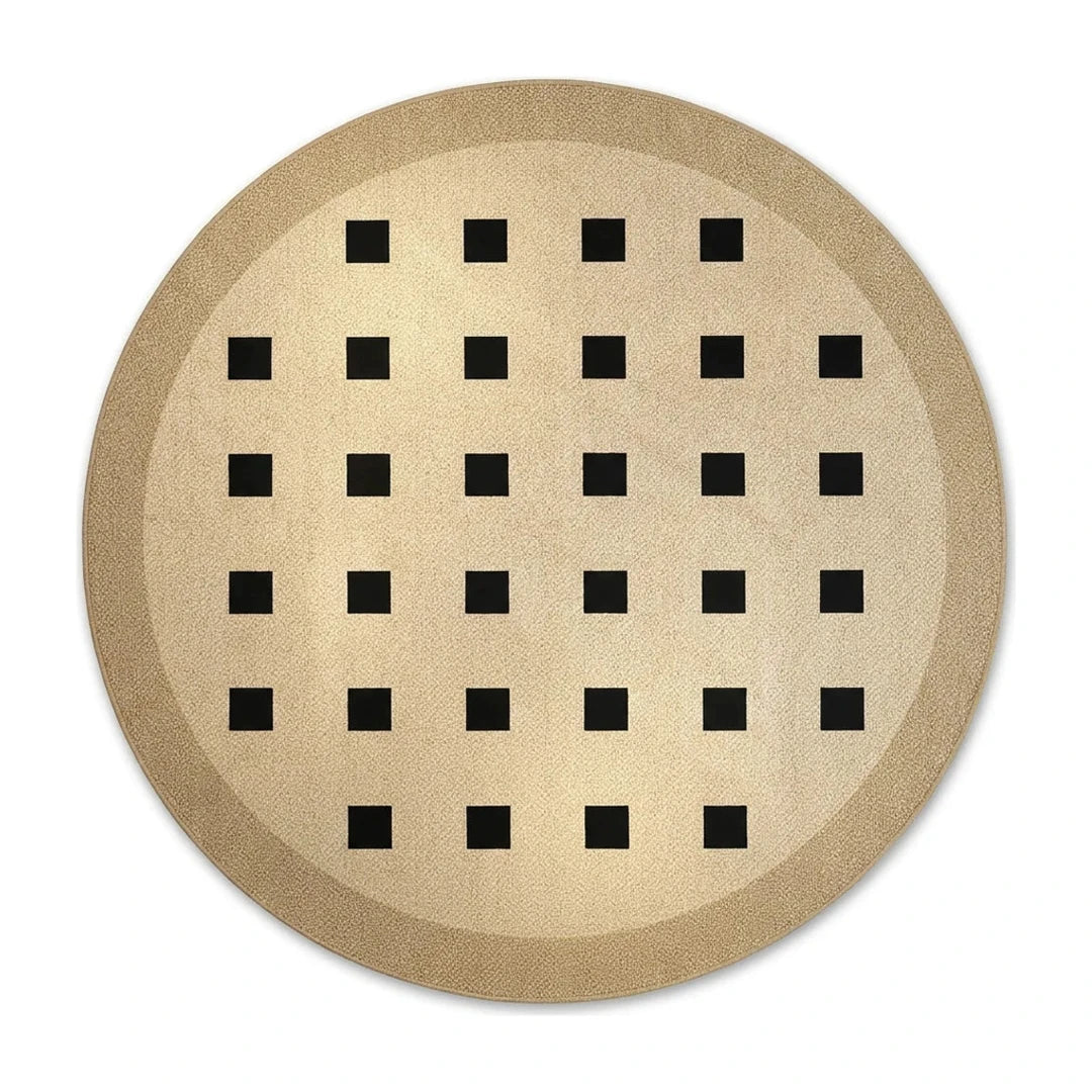Tapis rond Wilton mid-century motif carrés noirs, vue de dessus sur fond blanc