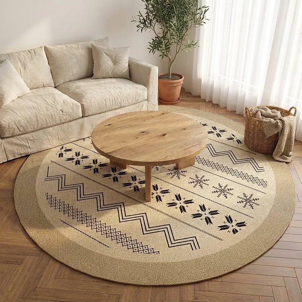 Tapis rond Wilton mid-century scandinave zigzag noir et beige dans un salon adulte slow-living, vue trois-quarts