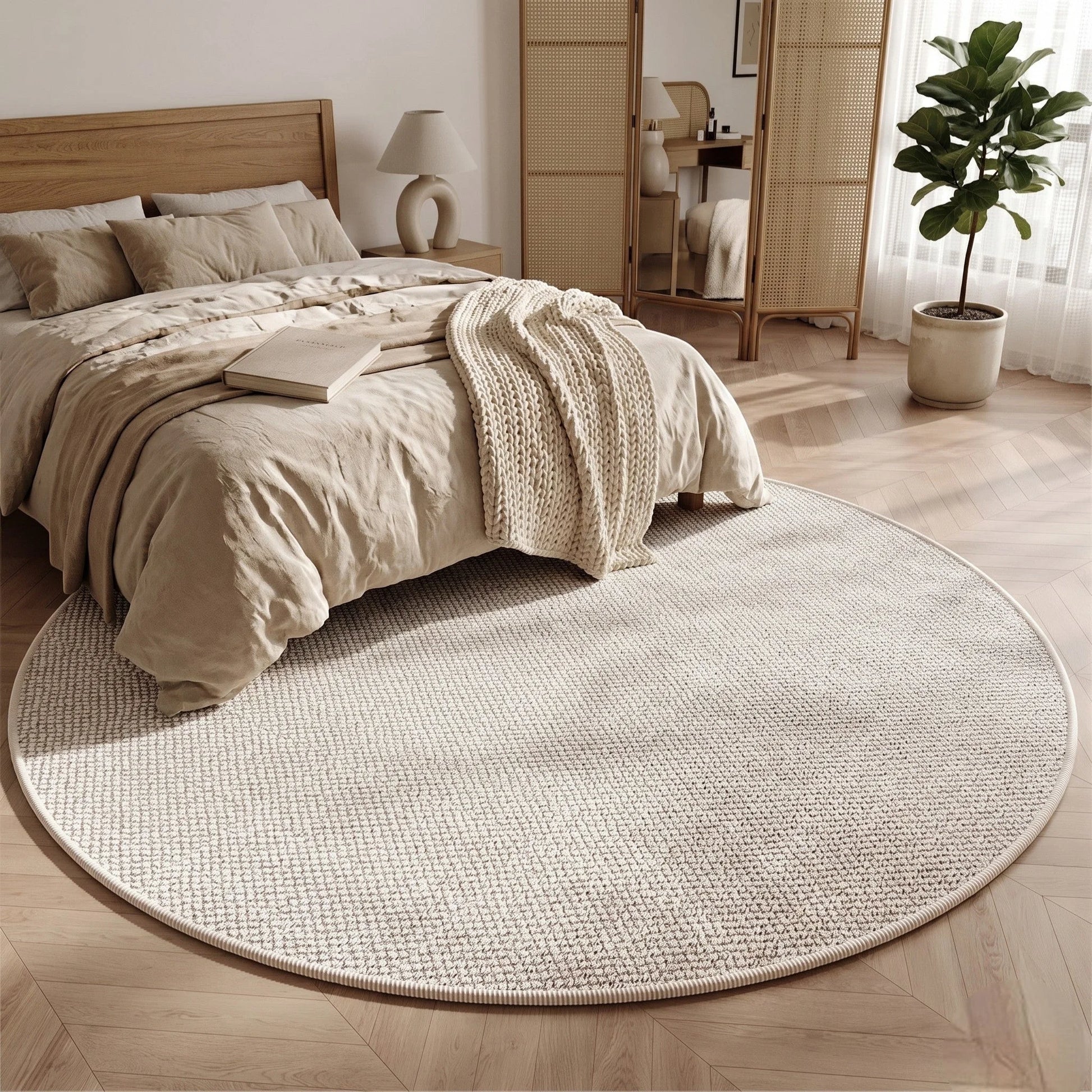 Tapis rond Wilton tissage plat écru au pied d'un lit en linge de lit lin et paravent en cannage