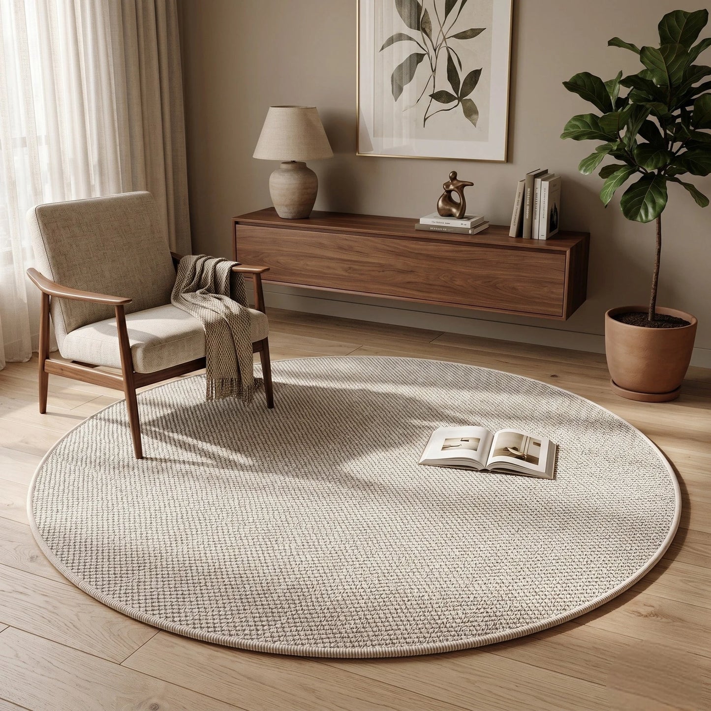 Tapis rond Wilton tissage plat écru dans un salon clair avec fauteuil beige et console en bois