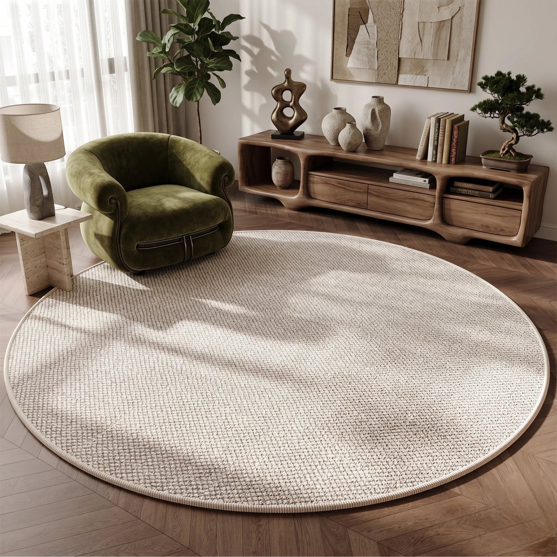 Tapis rond Wilton tissage plat écru dans un salon contemporain avec fauteuil bouclé vert