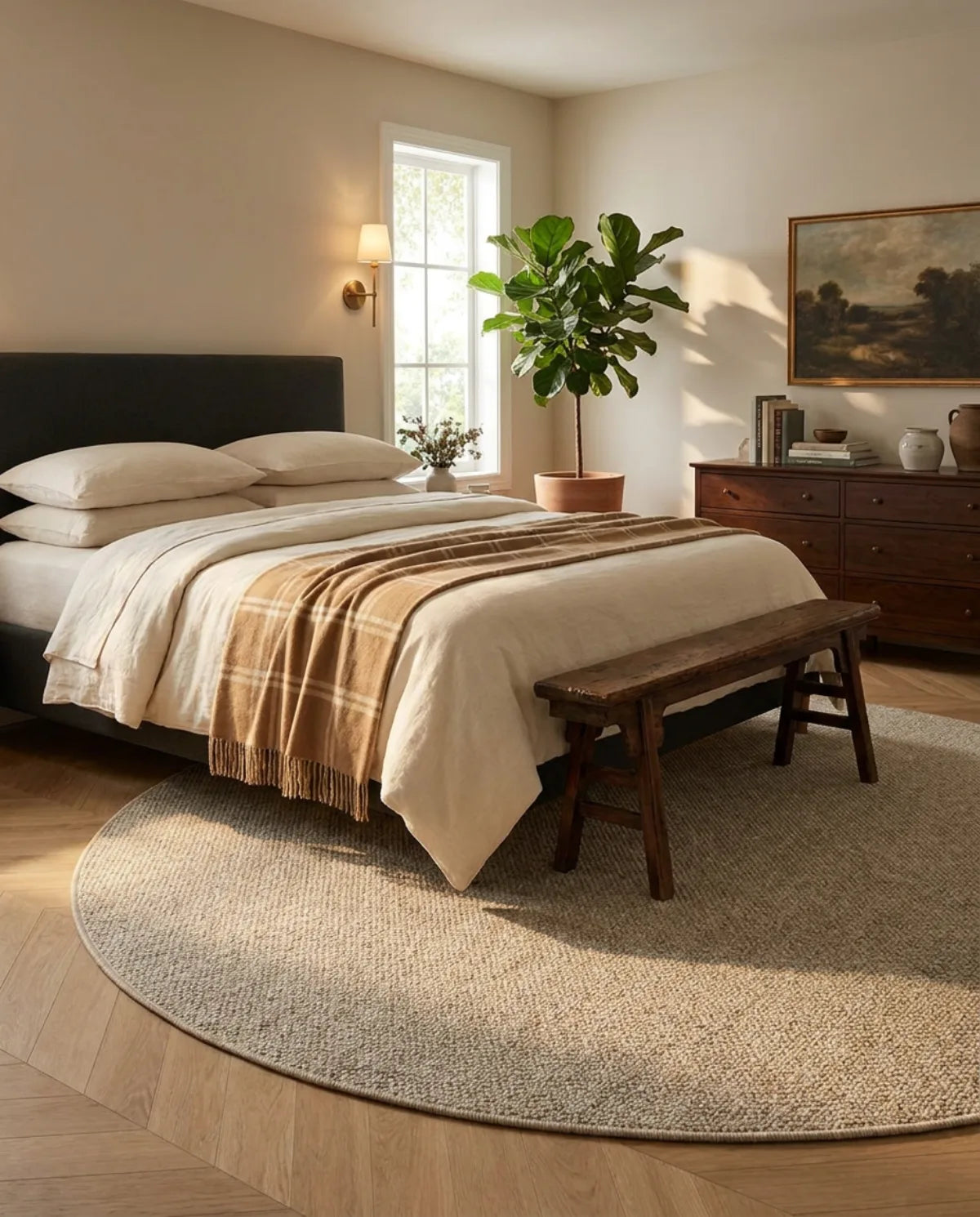 Tapis rond Wilton tissage plat écru dépassant sous le lit, banc en bois posé dessus