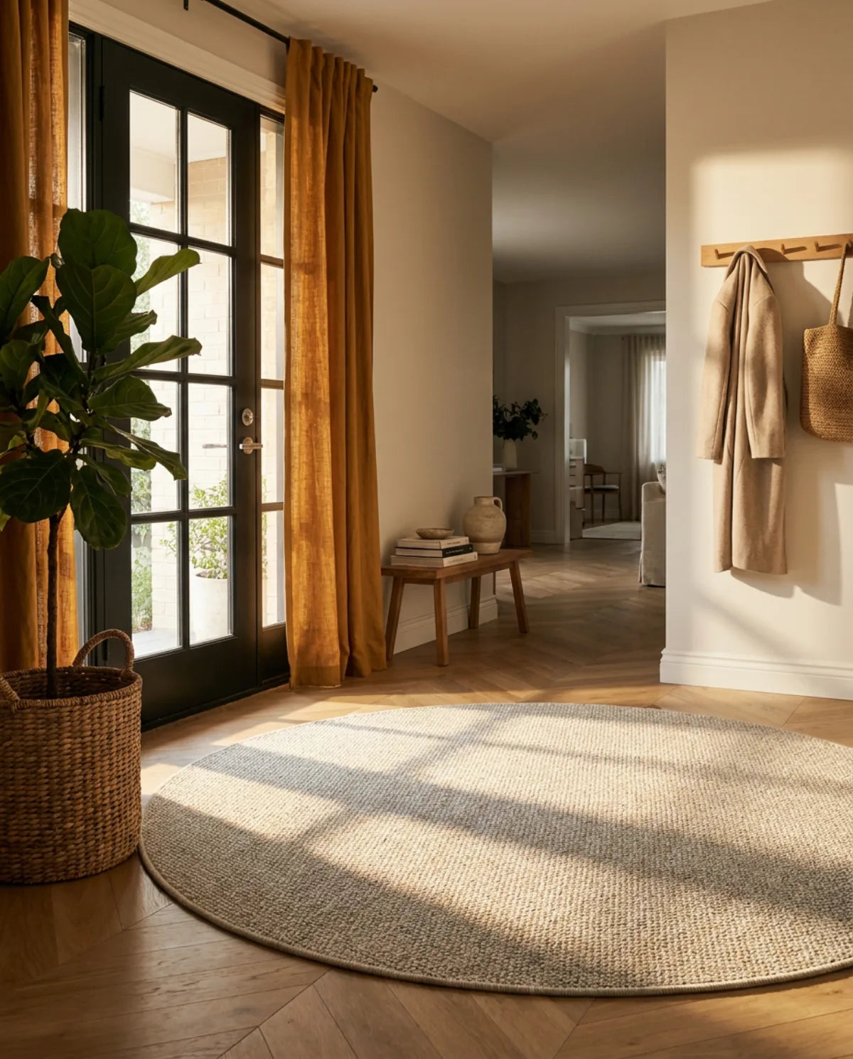 Tapis rond Wilton tissage plat écru dans une entrée au soleil, devant une porte vitrée