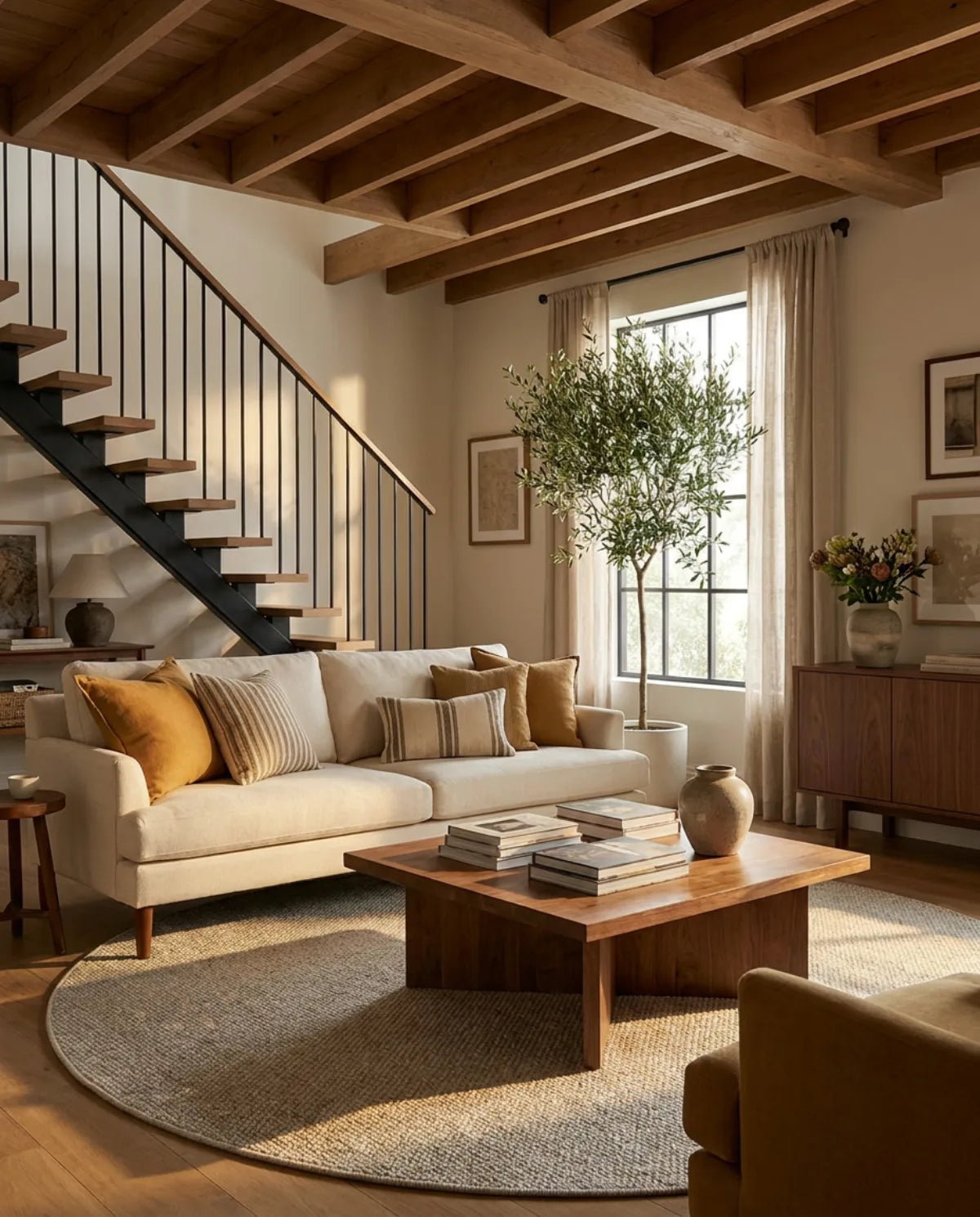 Tapis rond Wilton tissage plat écru sous une table basse en bois, dans un grand salon avec escalier