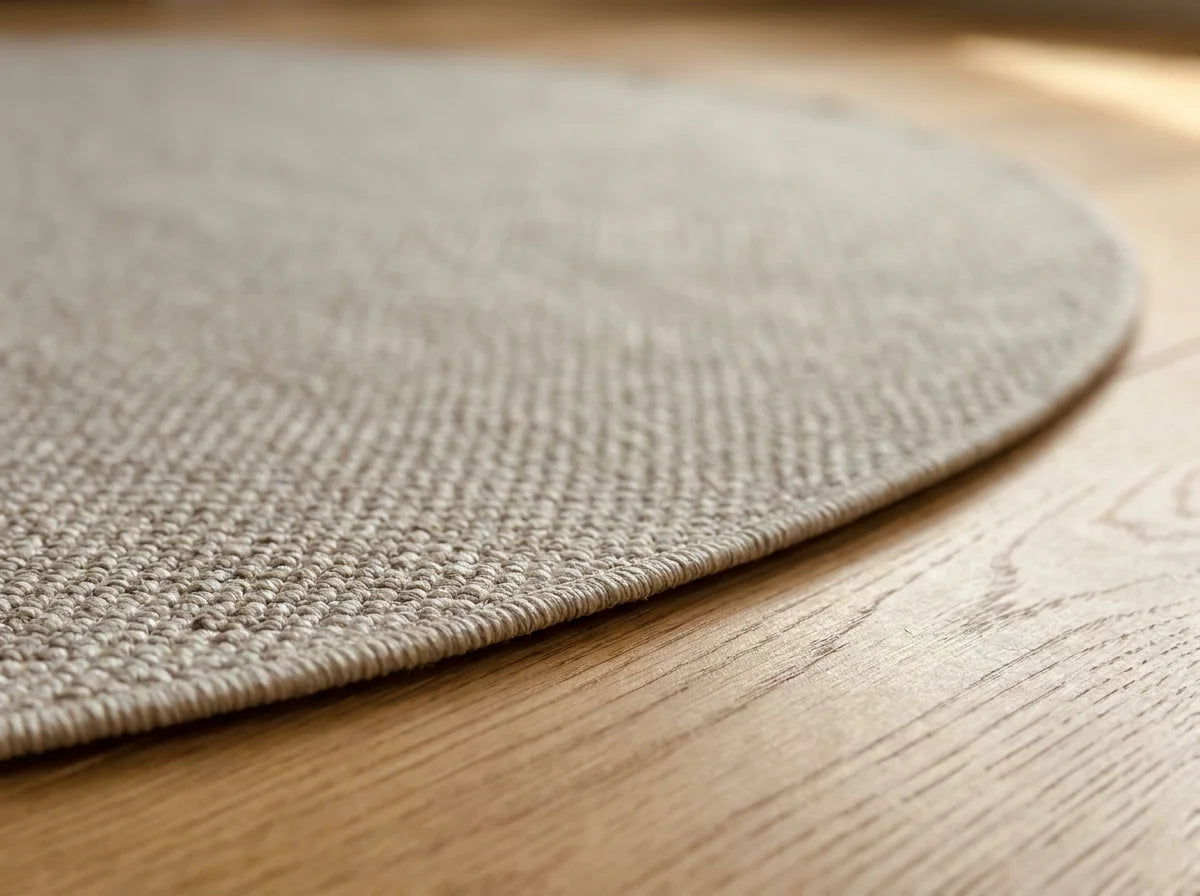 Tranche du tapis rond Wilton tissage plat écru montrant l'épaisseur du tissage