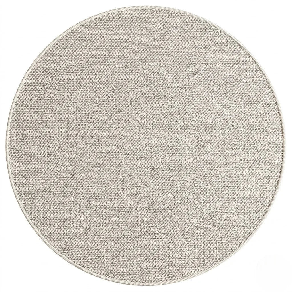 Vue studio du tapis rond Wilton tissage plat écru, fin chevron texturé