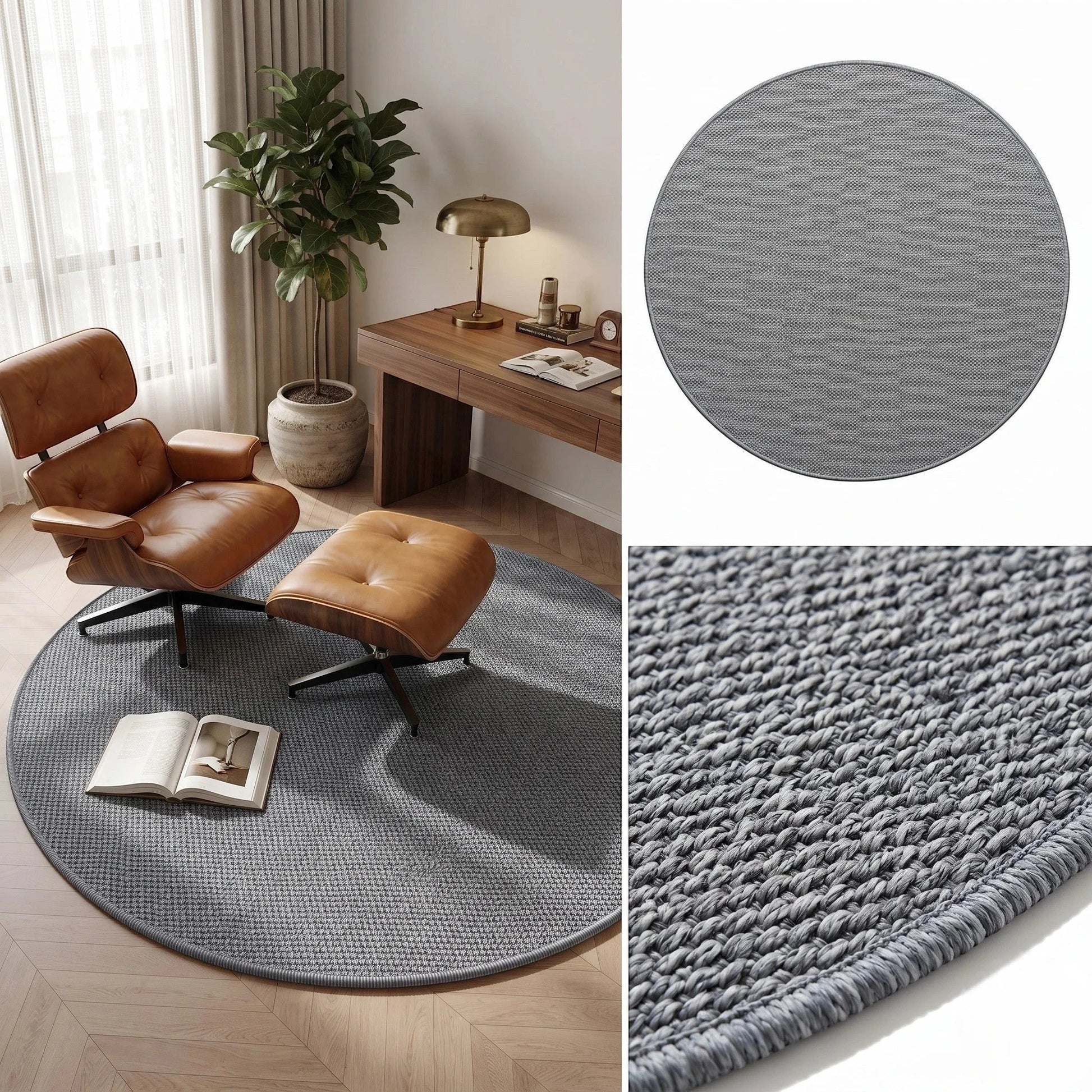 Tapis rond Wilton tissage plat gris sous un fauteuil cuir cognac avec close-up de la texture