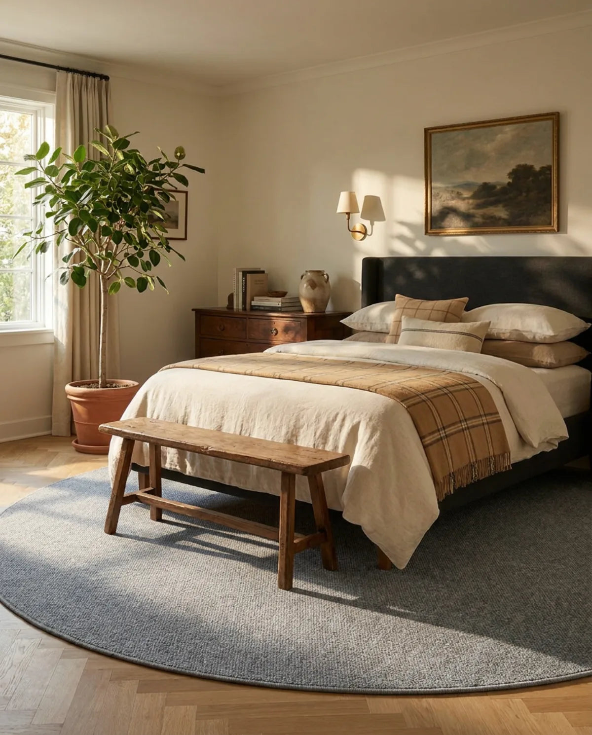 Tapis rond Wilton tissage plat gris dépassant sous le lit, banc en bois posé dessus