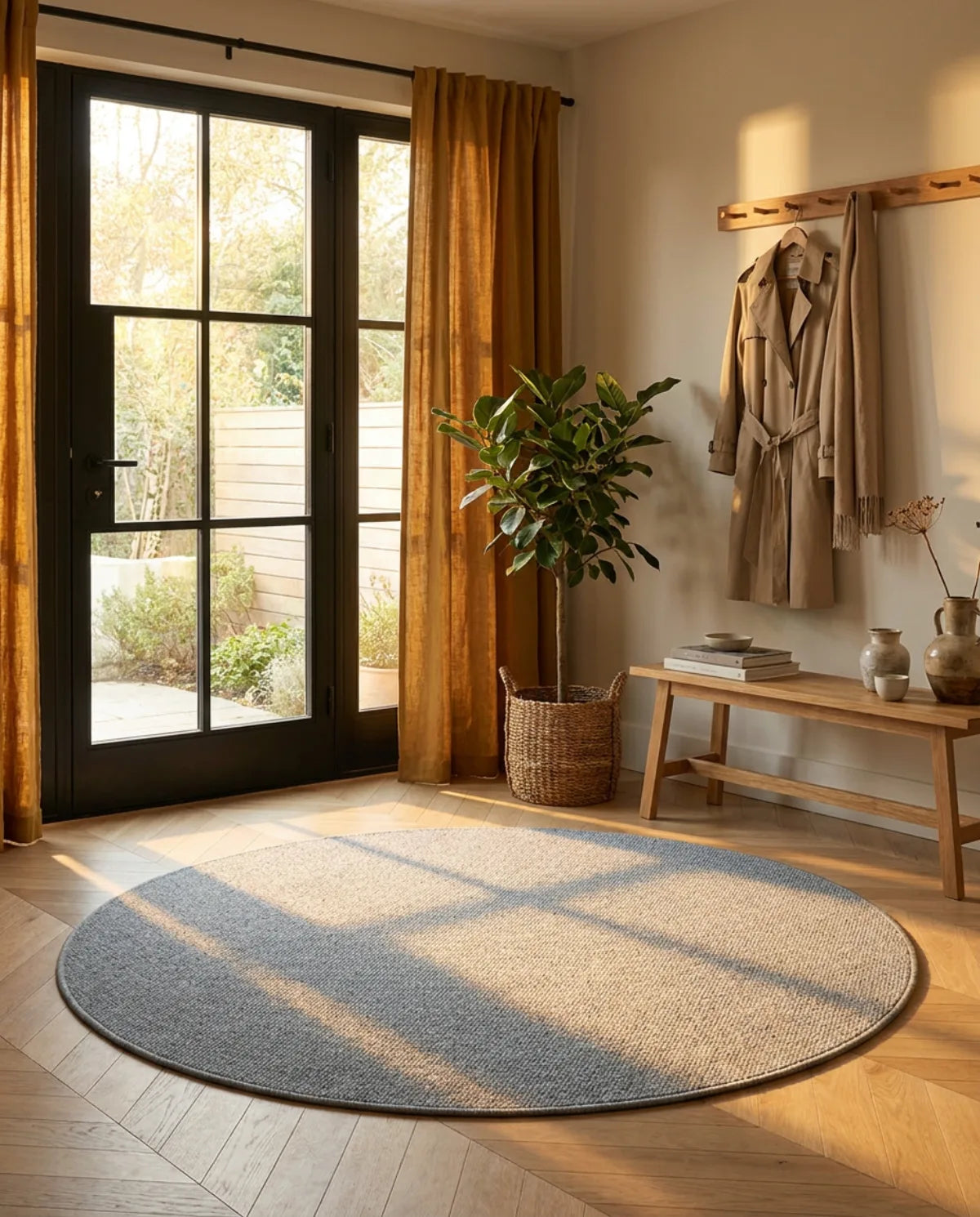 Tapis rond Wilton tissage plat gris dans une entrée au soleil, devant une porte vitrée