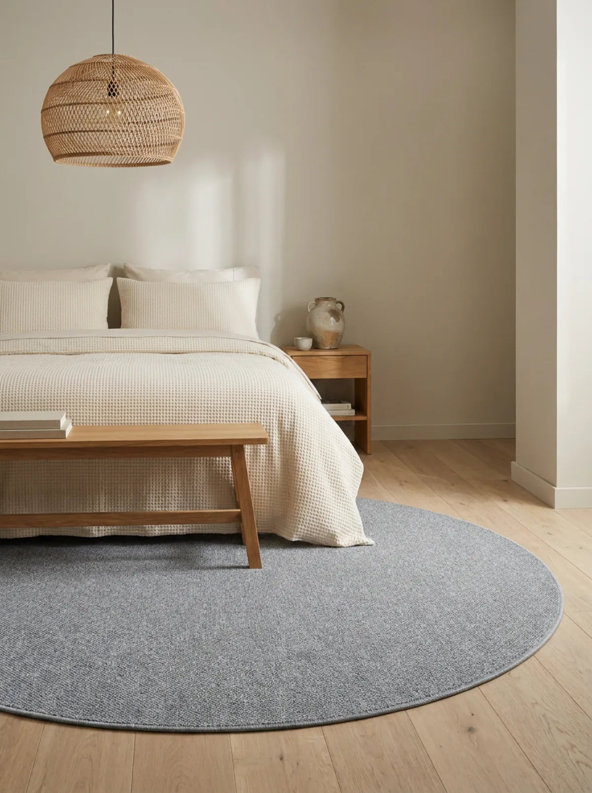 Tapis rond Wilton tissage plat gris dans une chambre lumineuse